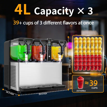 Commercial Slushie Machine, 3 Tanks x 1.05 Gallons, Frozen Margarita Maker with LED Lights, Auto Clean, 580W